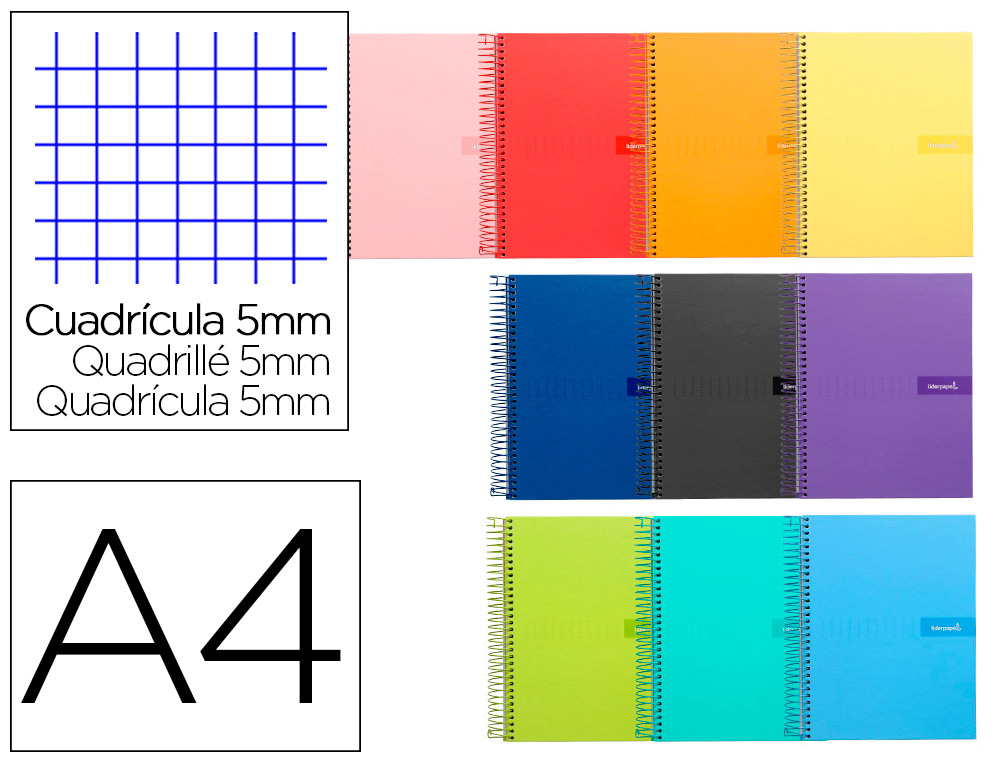 CUADERNO ESPIRAL LIDERPAPEL A4 CRAFTY TAPA FORRADA 80H 90 GR CUADRO 5 MM CON MARGEN COLORES SURTIDOS