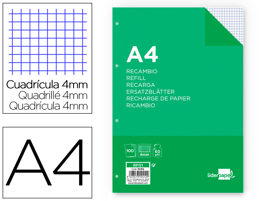 RECAMBIO LIDERPAPEL A4 100 HOJAS 60G/M2 CUADRO 4 MM CON MARGEN 4 TALADROS