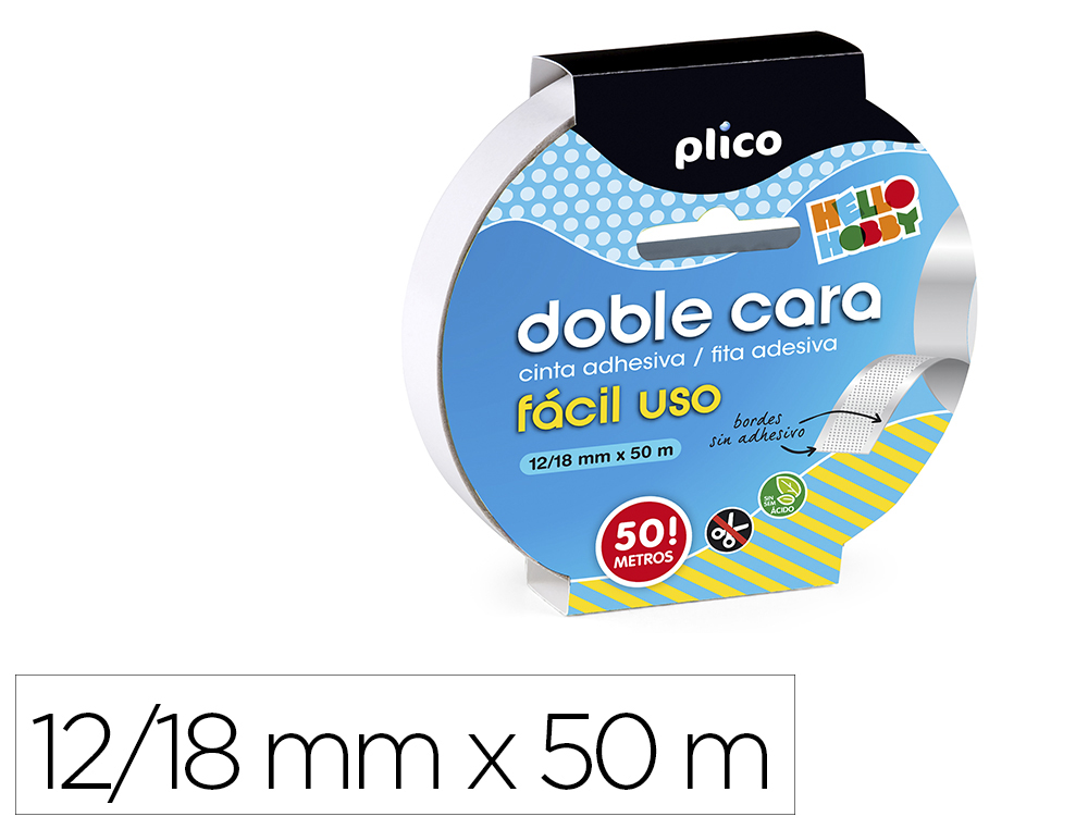 CINTA ADHESIVA PLICO DOBLE CARA FACIL USO 50 MT X 12/18 MM