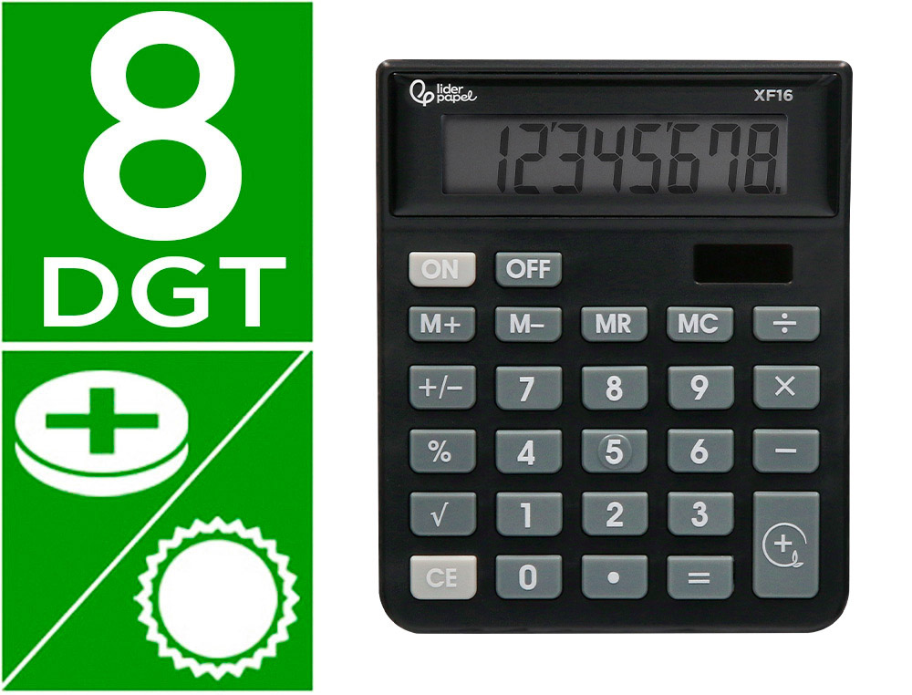 CALCULADORA LIDERPAPEL SOBREMESA XF16 8 DIGITOS SOLAR Y PILAS COLOR NEGRO 127X105X24 MM