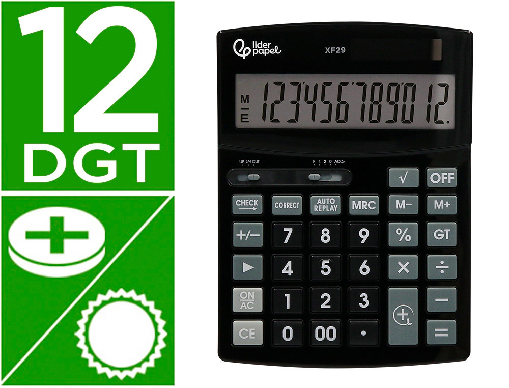 CALCULADORA LIDERPAPEL SOBREMESA XF29 12 DIGITOS SOLAR Y PILAS COLOR NEGRO 190X140X30 MM