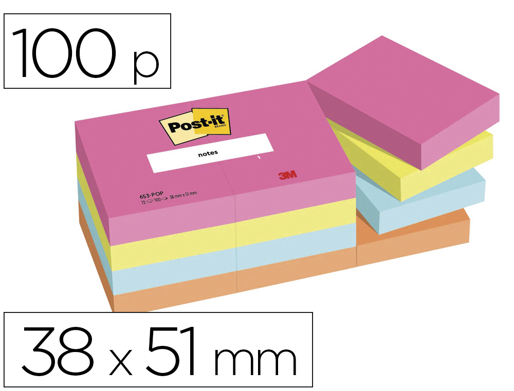 BLOC DE NOTAS ADHESIVAS QUITA Y PON POST-IT POPTIMISTIC 38X51 MM CON 100 HOJAS PACK DE 12 UNIDADES
