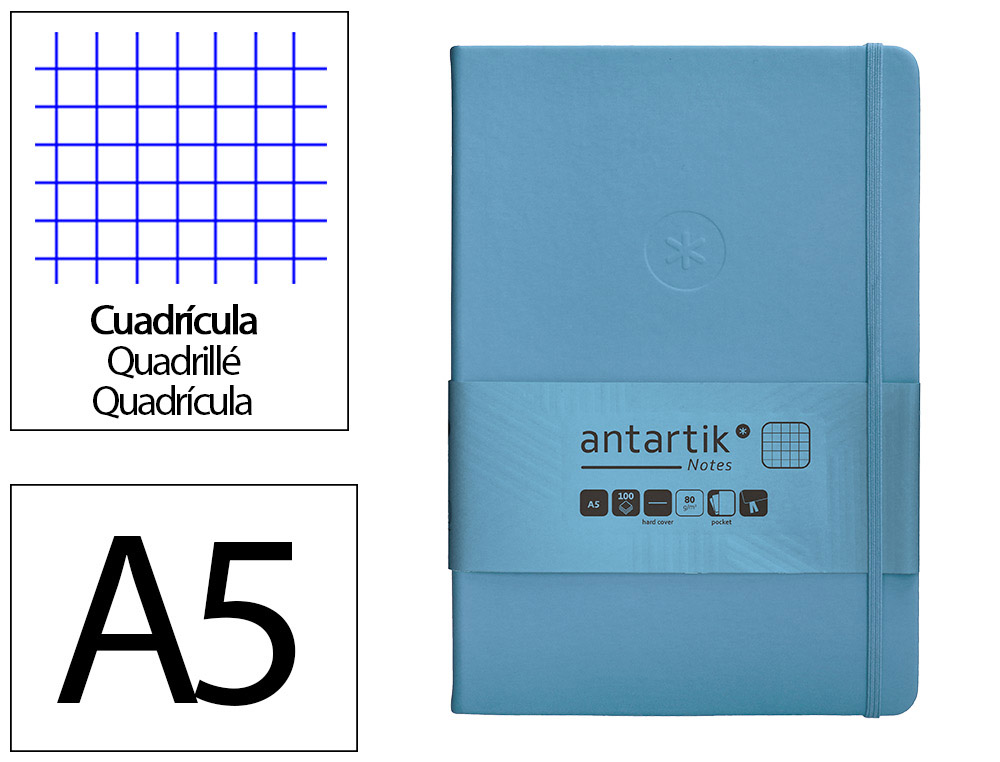 CUADERNO CON GOMILLA ANTARTIK NOTES TAPA DURA A5 HOJAS CUADRICULA AZUL CLARO 100 HOJAS 80 GR FSC