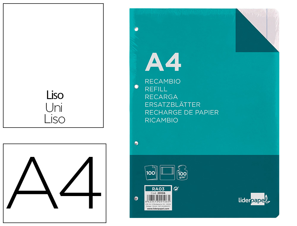 RECAMBIO LIDERPAPEL A4 100 HOJAS 100G/M2 LISO 4 TALADROS DOBLE MARGEN