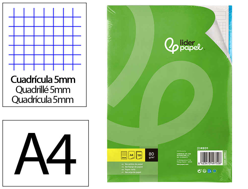 RECAMBIO LIDERPAPEL A4 120 HOJAS 80G/M2 CUADRO 5MM SIN MARGEN 4 TALADROS BANDAS DE 5 COLORES