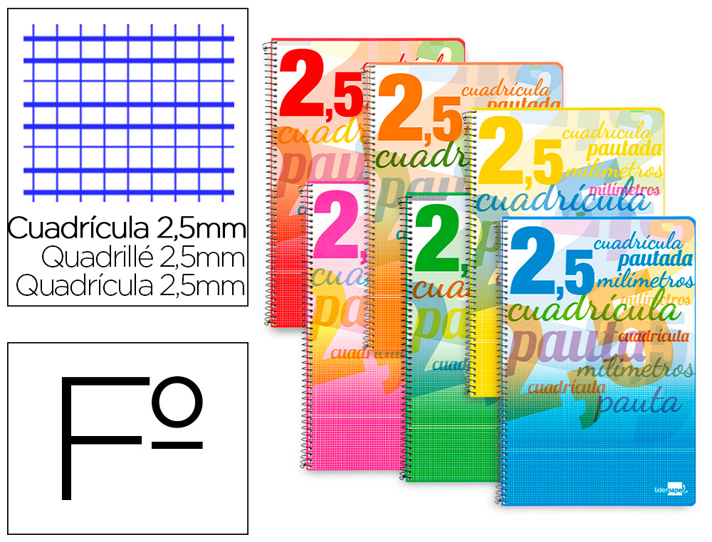 CUADERNO ESPIRAL LIDERPAPEL FOLIO PAUTAGUIA TAPA BLANDA 80H 75GR CUADRO PAUTADO 2,5MM CON MARGEN COLORES SURTIDOS