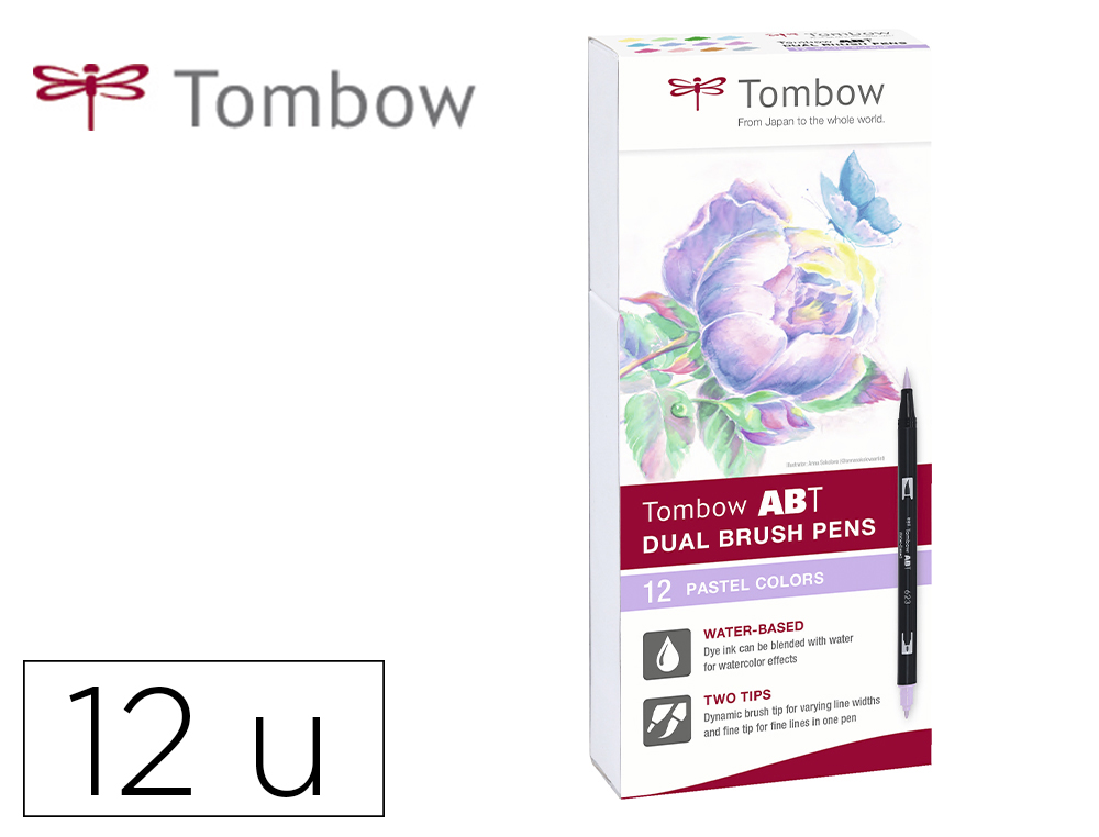 ROTULADOR TOMBOW ABT DUAL BRUSH ACUARELABLE DOBLE PUNTA FINA/PINCEL ESTUCHE DE 12 UNIDADES COLORES PASTEL