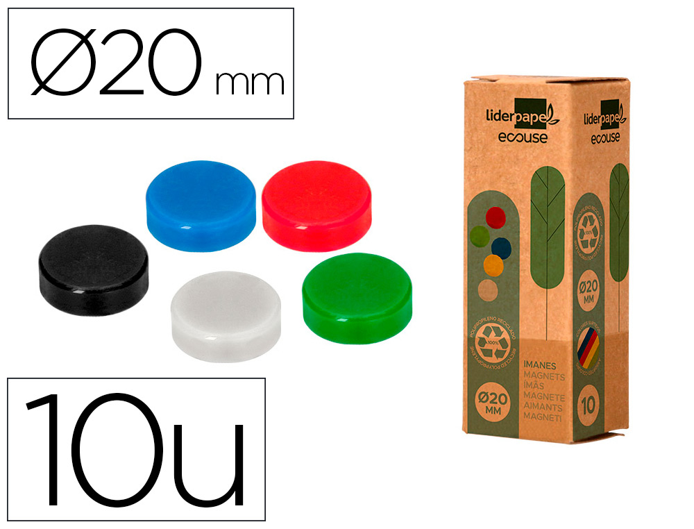 IMANES PARA SUJECION LIDERPAPEL ECOUSE PP RECICLADO PARA PIZARRA MAGNETICA 20 MM CAJA DE 10