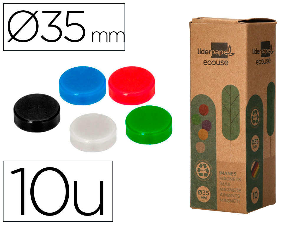 IMANES PARA SUJECION LIDERPAPEL ECOUSE PP RECICLADO PARA PIZARRA MAGNETICA 35 MM CAJA DE 10 UNIDADES