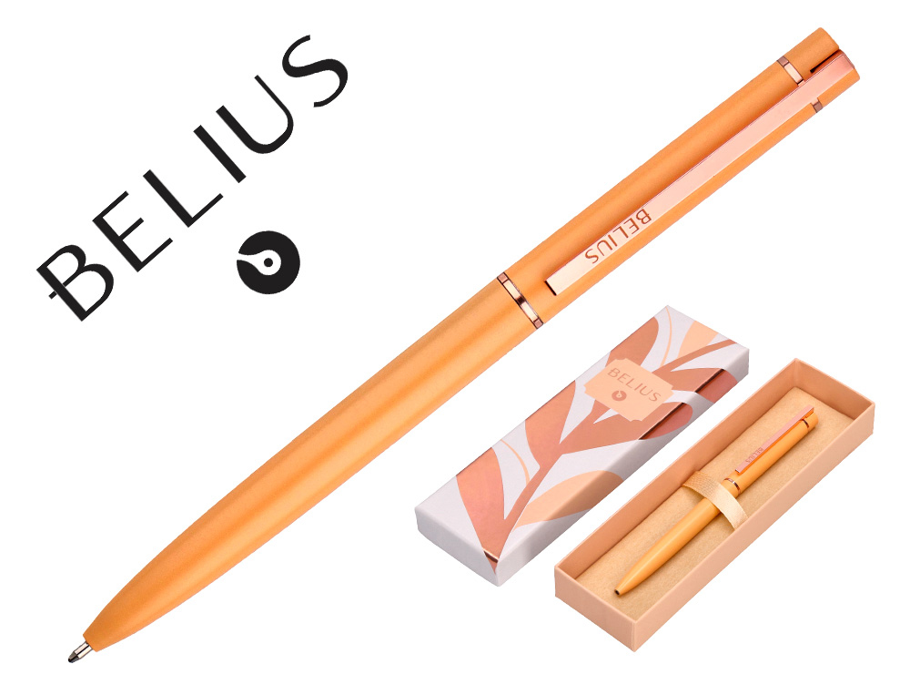 BOLIGRAFO BELIUS ROSE ALUMINIO COLOR BEIGE ORO ROSA TINTA AZUL CAJA DE DISEO