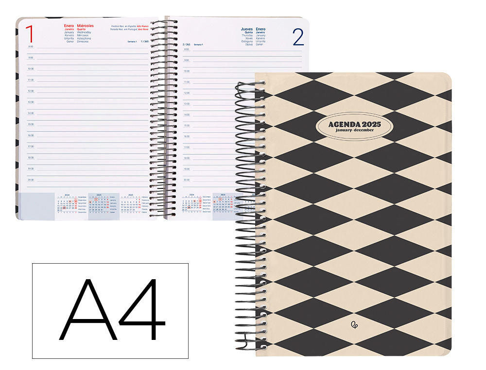 AGENDA ESPIRAL LIDERPAPEL CLASSIC A4 2025 DIA PAGINA BLANCO Y NEGRO 1 PAPEL 70 GR