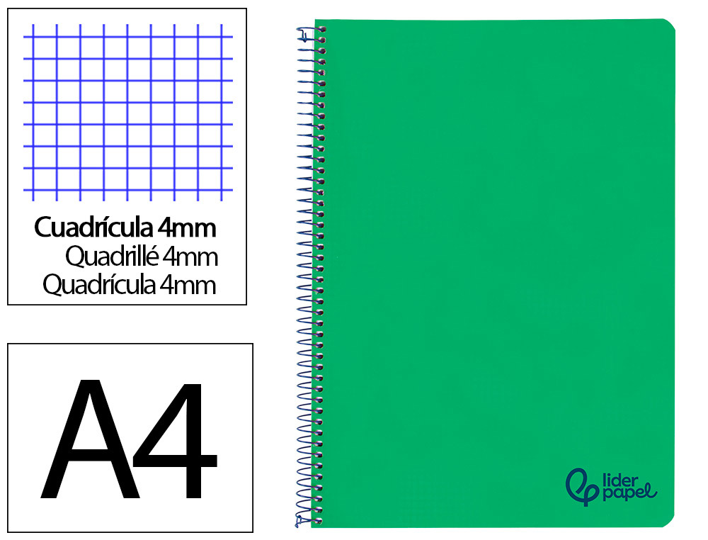 CUADERNO ESPIRAL LIDERPAPEL A4 WONDER TAPA PLASTICO 80H 90GR CUADRO 4MM CON MARGEN COLOR VERDE OSCURO