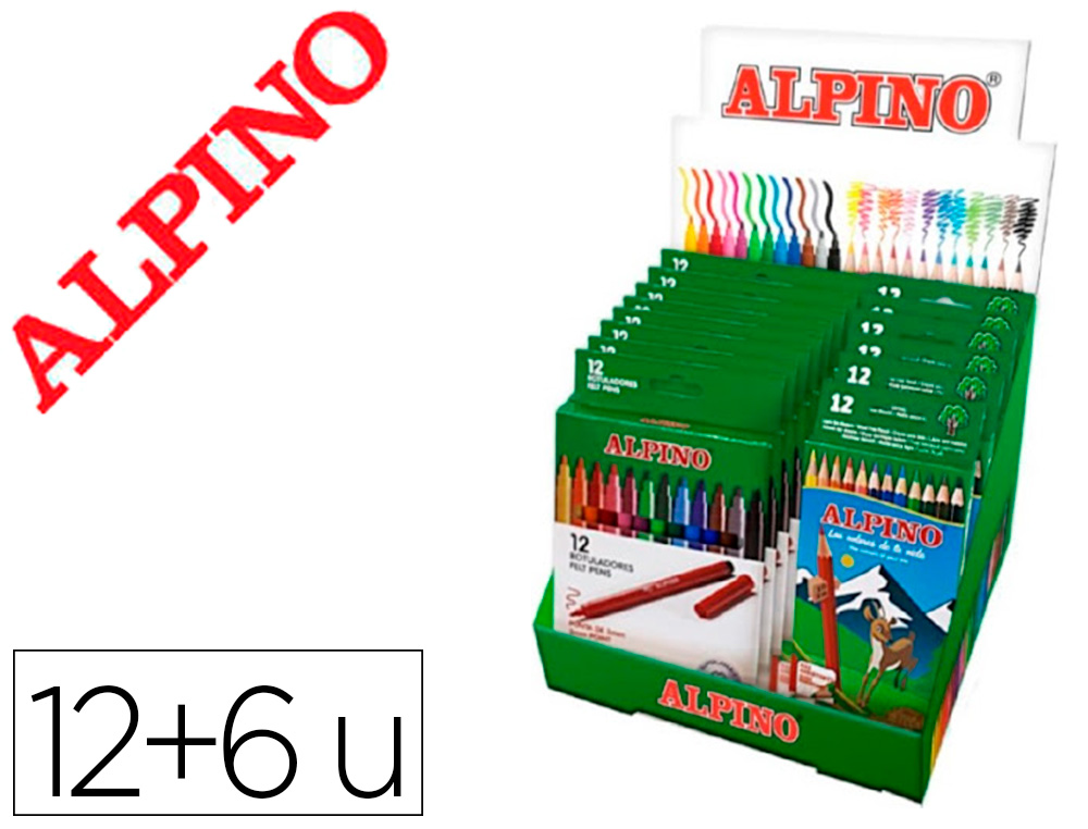 ROTULADOR ALPINO STANDARD CAJA DE 12 COLORES EXPOSITOR DE 12 UNIDADES + 6 CAJAS LAPICES DE COLORES ALPINO 654