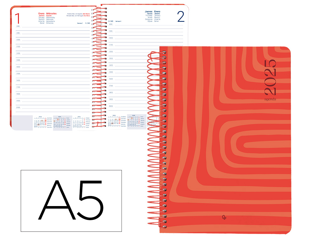 AGENDA ESPIRAL LIDERPAPEL SYROS A5 2025 DIA PAGINA COLOR ROJO PAPEL 60 GR