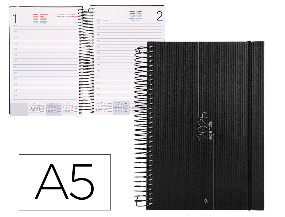 AGENDA ESPIRAL LIDERPAPEL OLBIA A5 2025 DIA PAGINA COLOR NEGRO PAPEL 60 GR